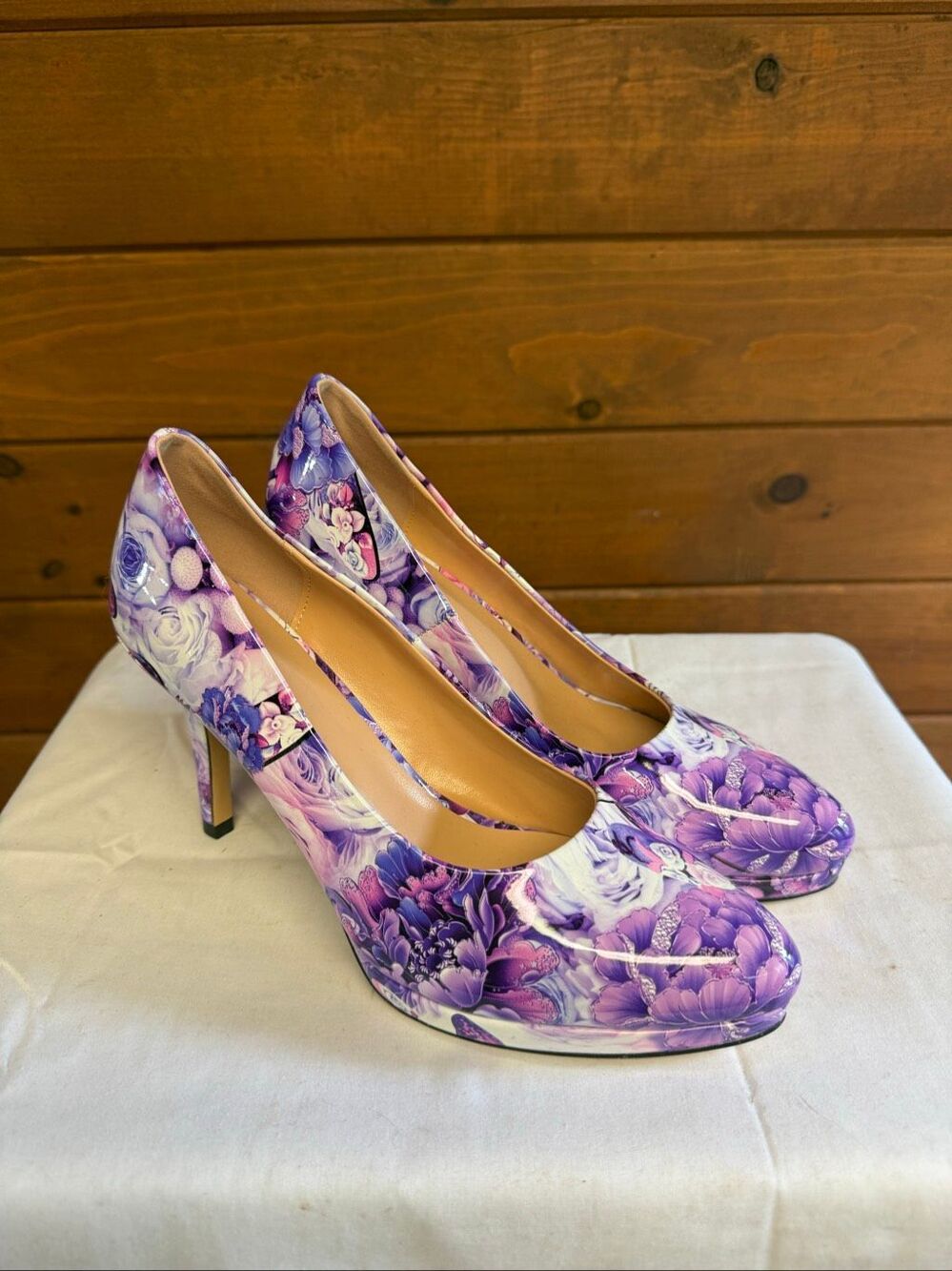 No Brand glossy purple/Pink floral print high-heeled platform pumps with stilett